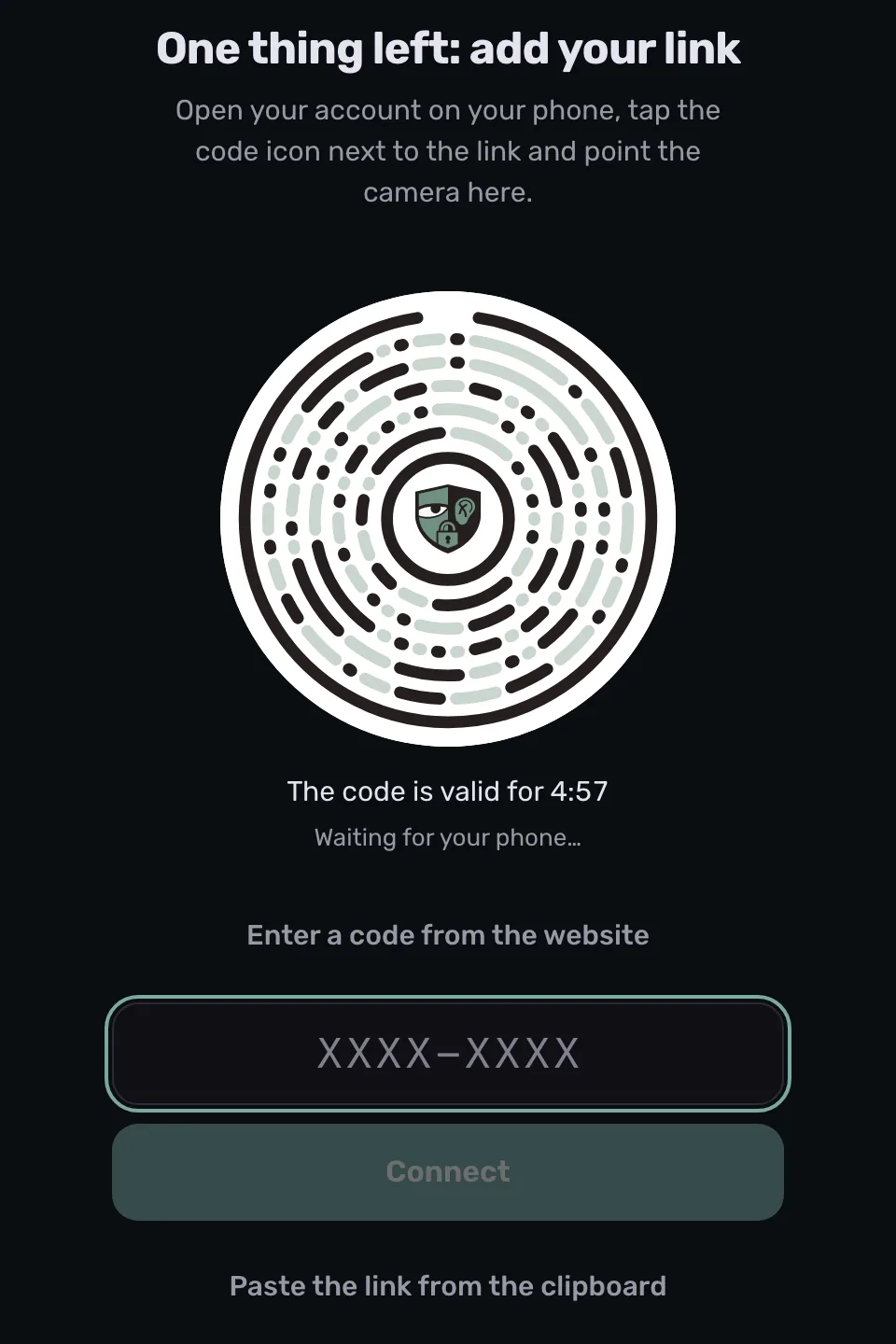 登录 ProxysVPN:圆形码和用于输入个人中心连接码的输入框
