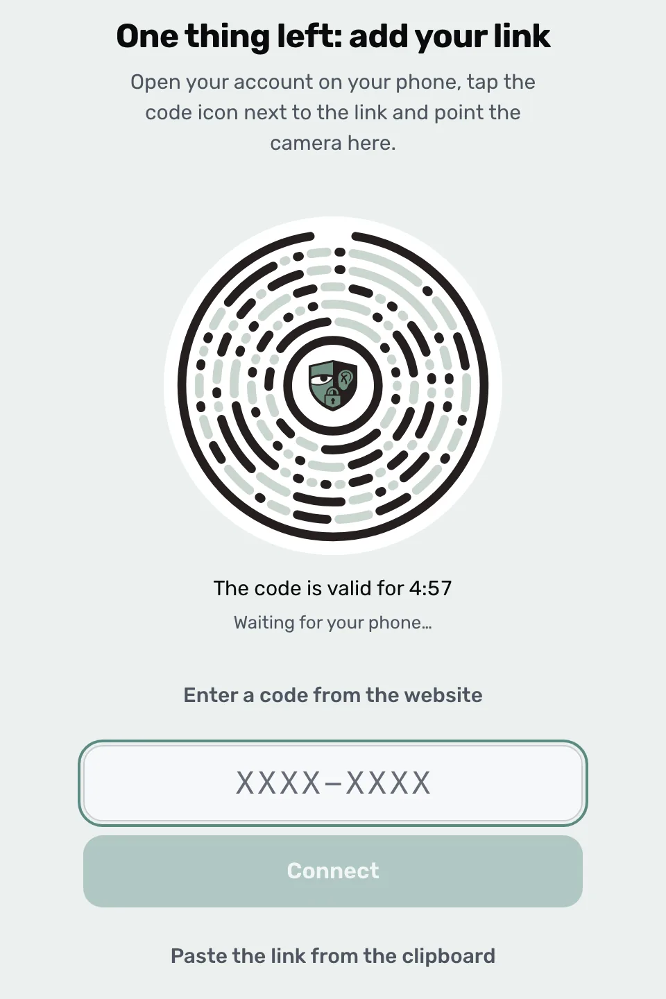 登录 ProxysVPN:圆形码和用于输入个人中心连接码的输入框
