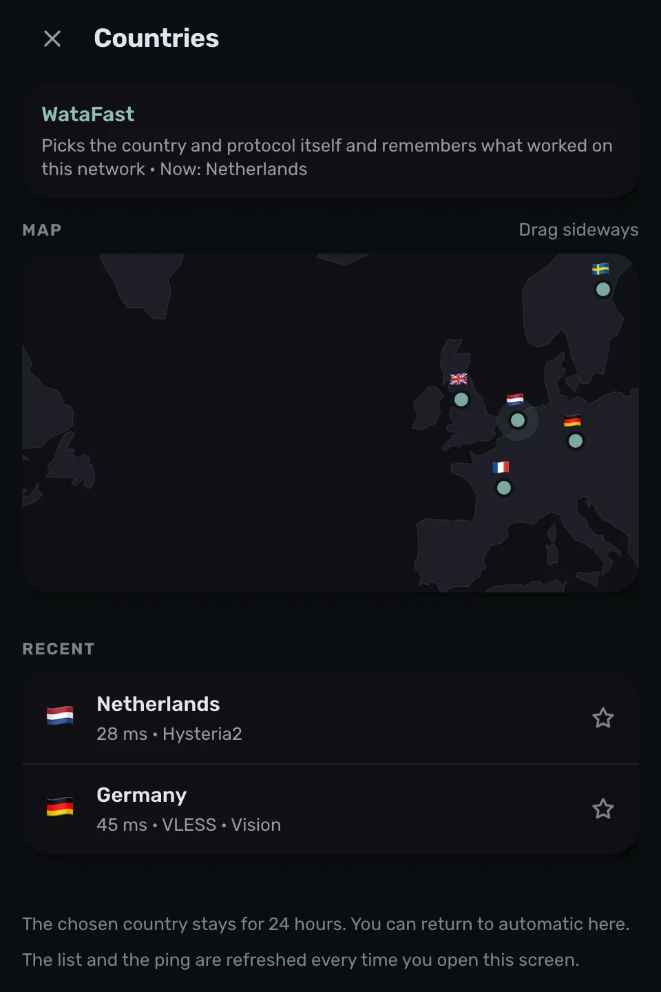ProxysVPN 的国家列表,顶部是 WataFast:“Picks the country and protocol itself and remembers what worked on this network”