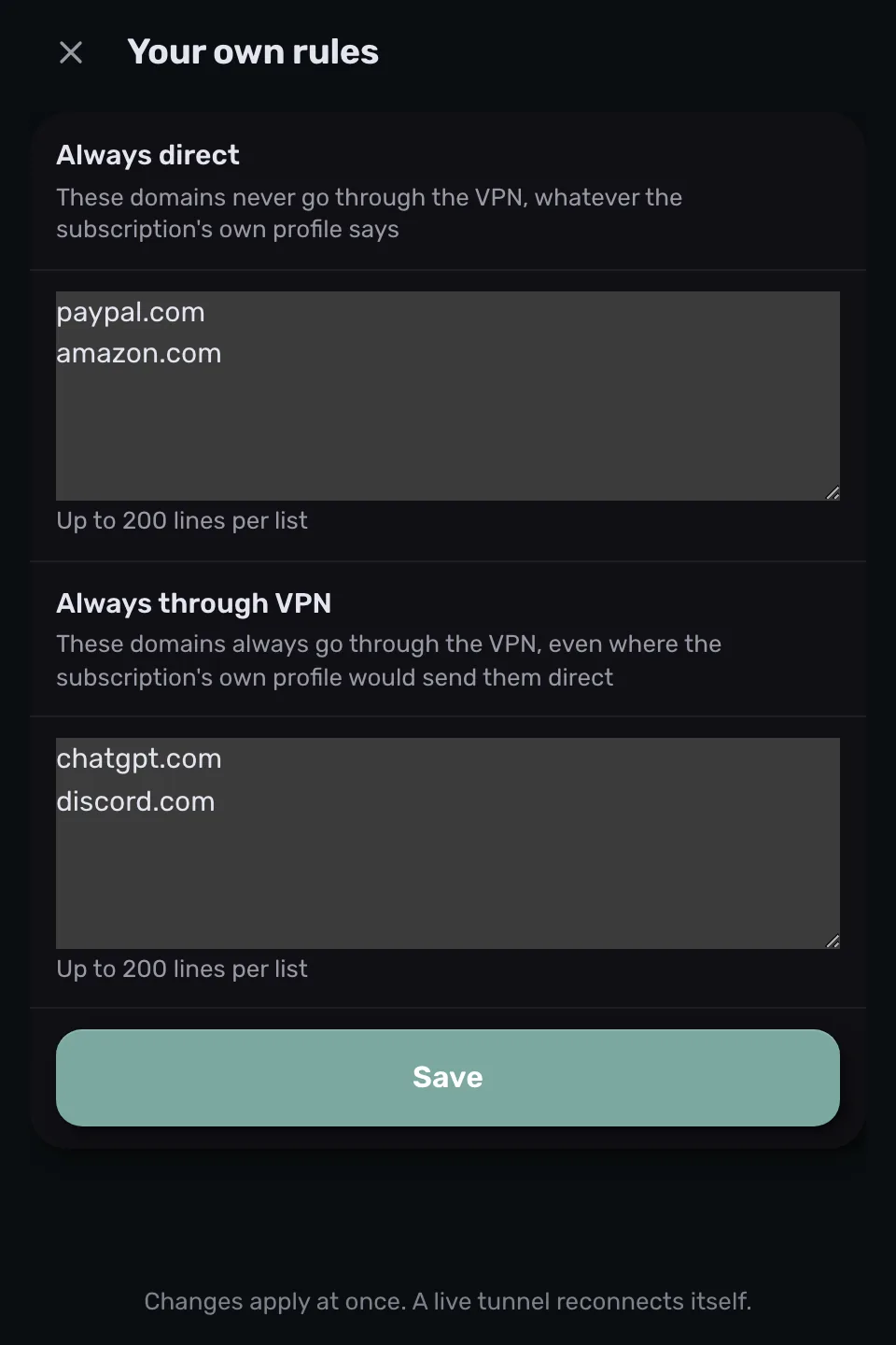 ProxysVPN 的自定义规则:“Always direct”和“Always through VPN”两个列表