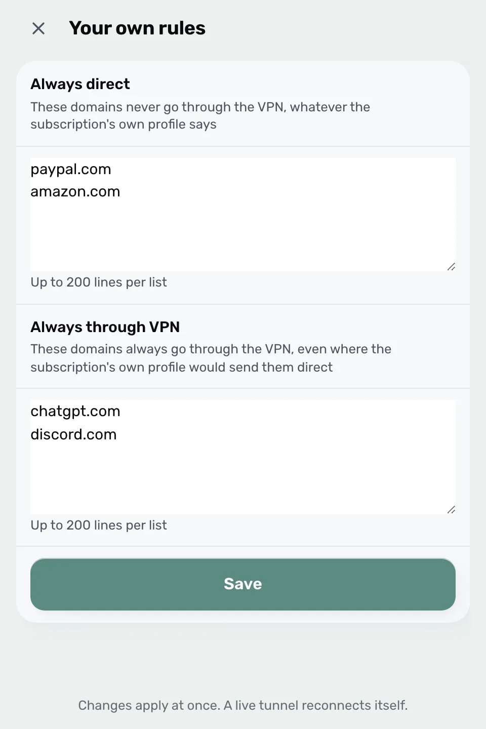 ProxysVPN 的自定义规则:“Always direct”和“Always through VPN”两个列表